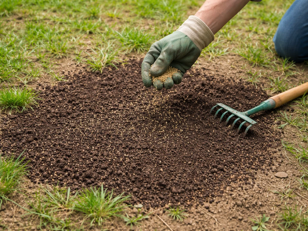 Jardinier façonne une zone dégarnie au râteau et prépare une couche fine de terreau avant semis