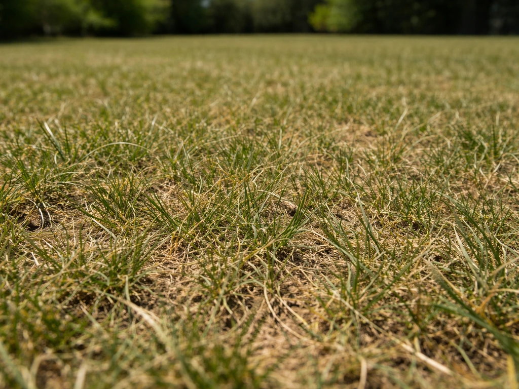 Gazon d’été stressé : brins enroulés et vert mat, lumière de midi sur pelouse sèche.