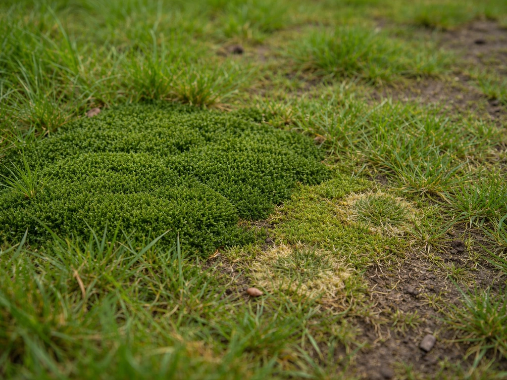 Gros plan sur une pelouse avec plaques vert foncé de mousse dense et zones anormales visibles.
