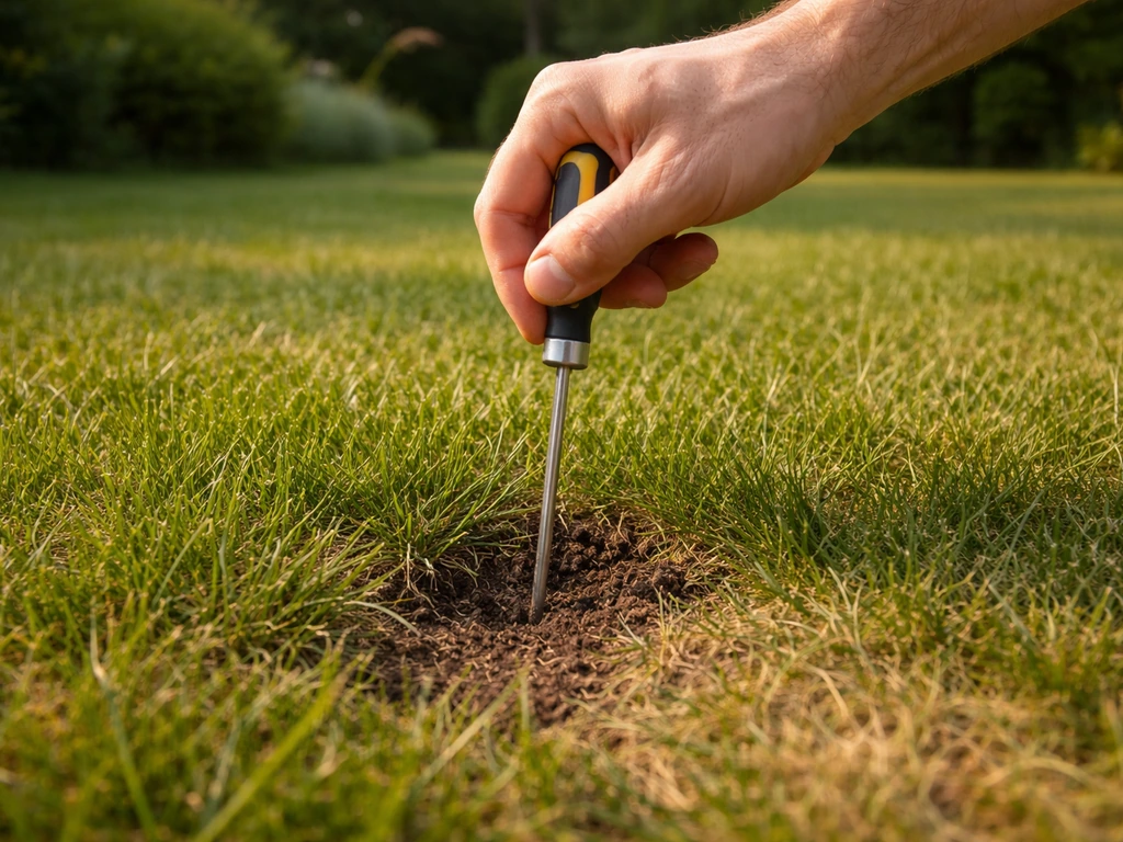 Main enfonçant un tournevis dans une pelouse verte pour tester la compaction et l’humidité