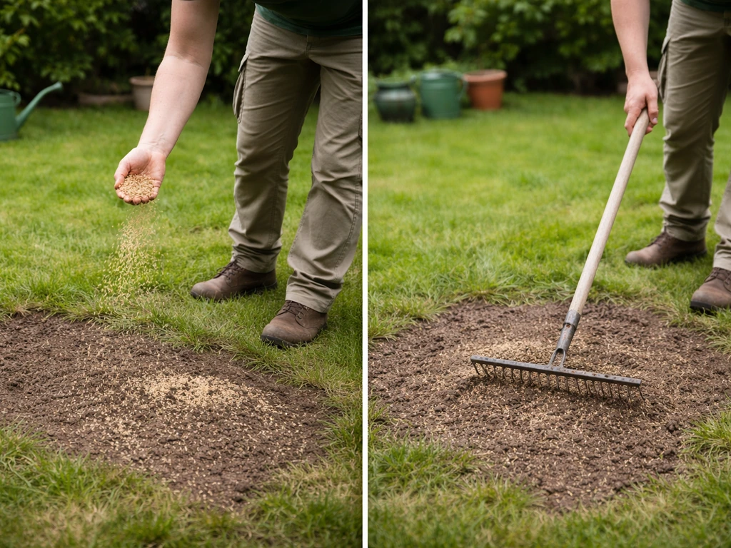 Jardinier anonyme épand des graines de gazon puis ratisse légèrement une zone nue de pelouse.