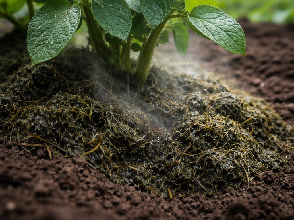 Gazon fraîchement tondu sombre et humide, en fermentation au pied de plants de pommes de terre