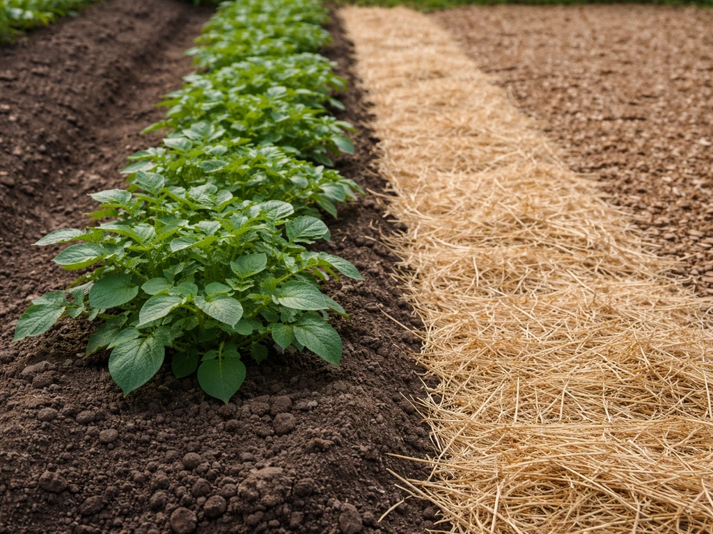 Rangée de pommes de terre paillée de paille sèche face à sol nu ou mulch dense, textures bien visibles.