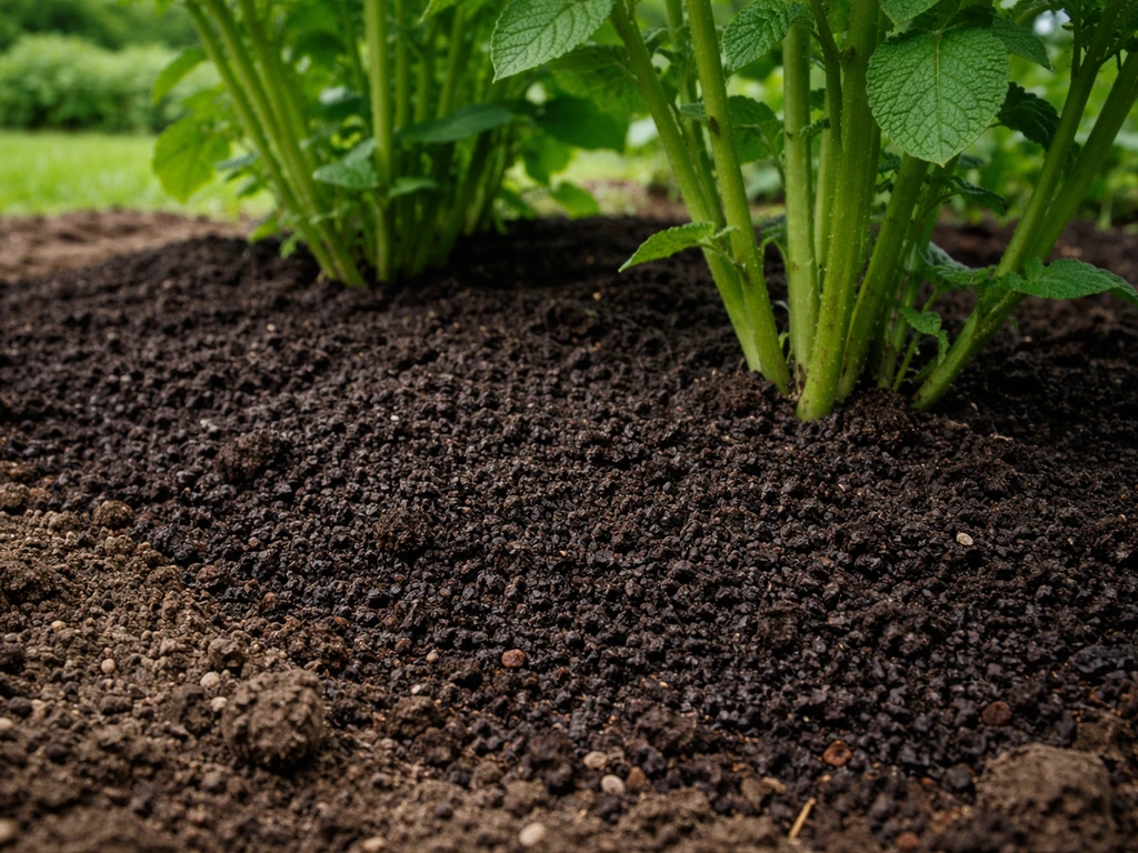 Compost mûr sombre et émietté, étalé en couche fine au pied de plants de pommes de terre