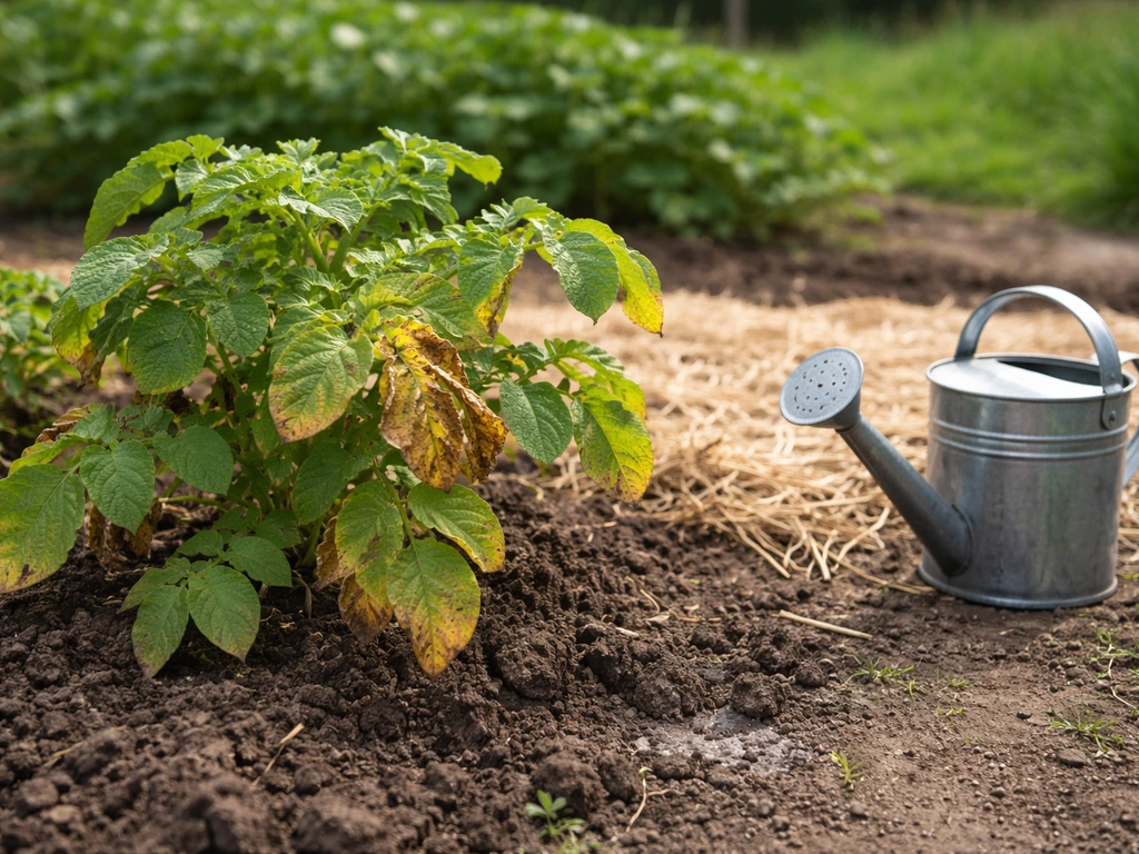 Feuilles de pommes de terre jaunies/brûlées dans un potager, arrosoir près du sol et paillis récent.
