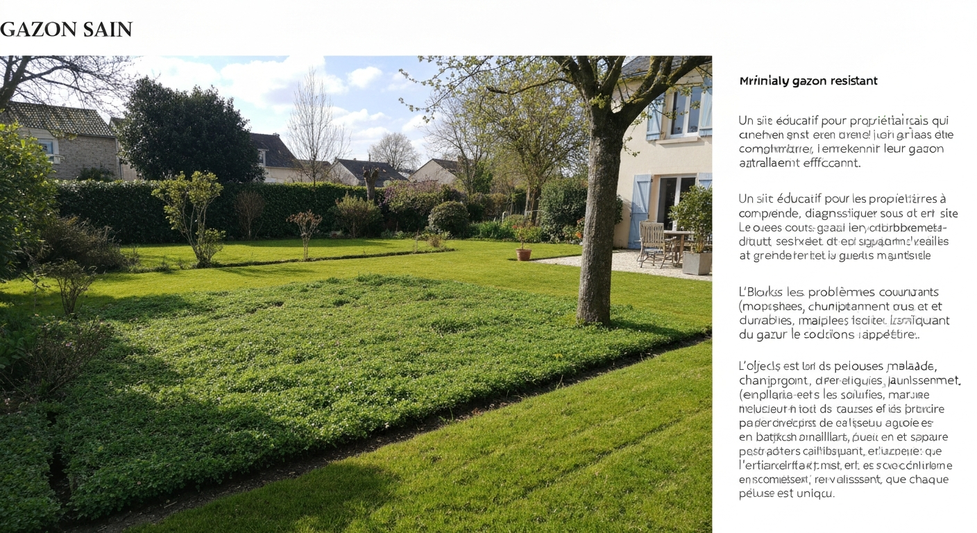 Pelouse résistante et dense dans un jardin français, vue grand‑angle montrant zones ensoleillées et semi‑ombragées.