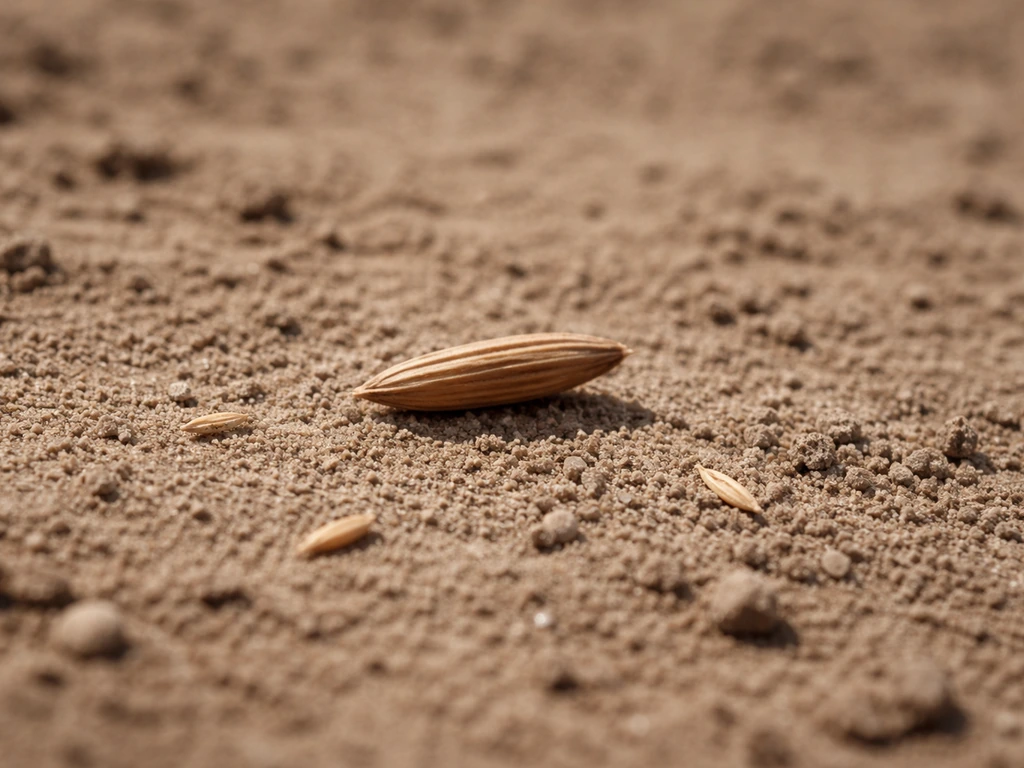 Gros plan de graines de gazon visibles en surface sur un sol, montrant le manque de contact avec la terre.