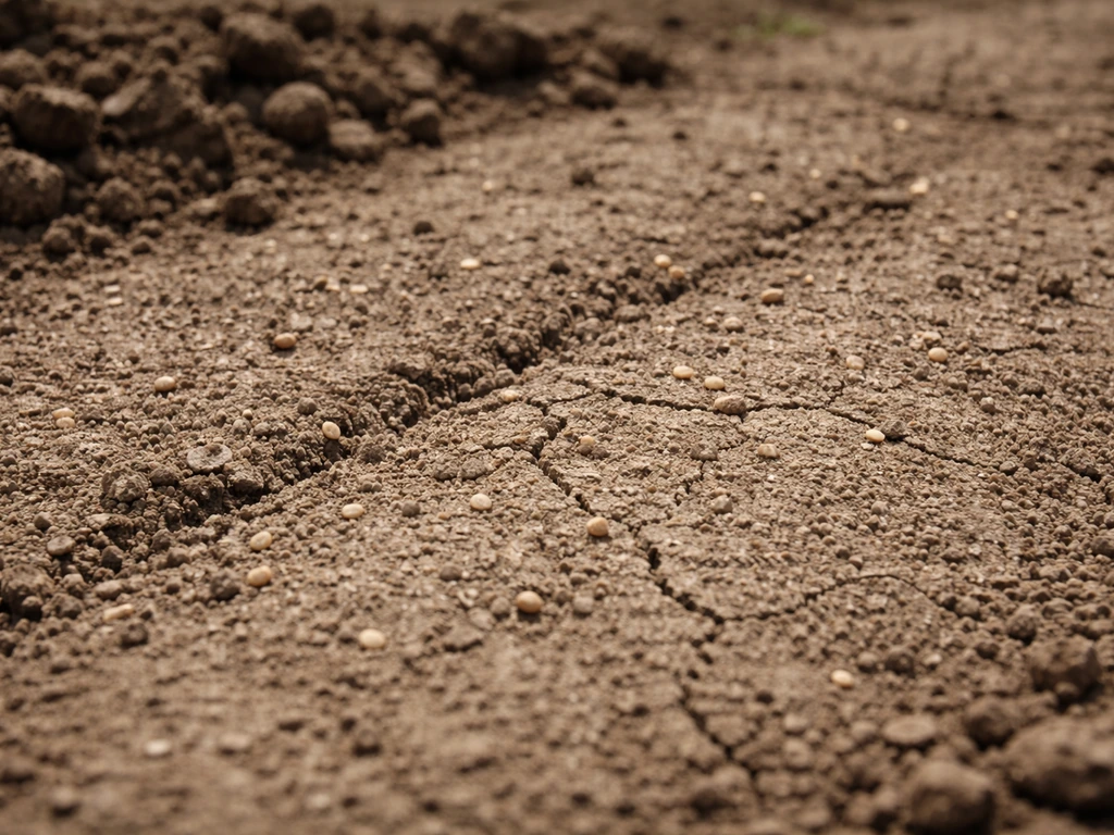 Graines visibles sur une terre tassée, surface sèche et croûte avec petites fissures.