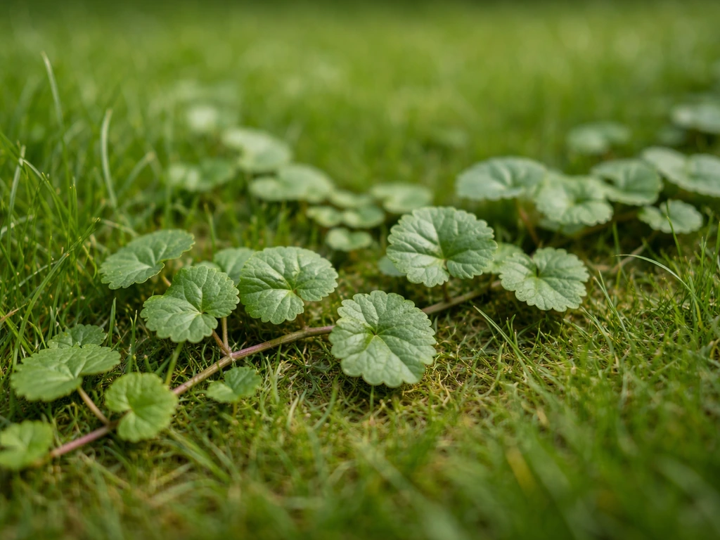 Gros plan au ras du sol montrant des feuilles arrondies et des stolons rampants dans une pelouse.