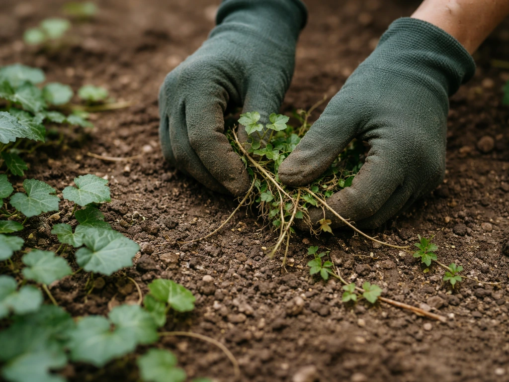 Mains gantées arrachent soigneusement le lierre terrestre au sol, avec résidus visibles dans la terre.
