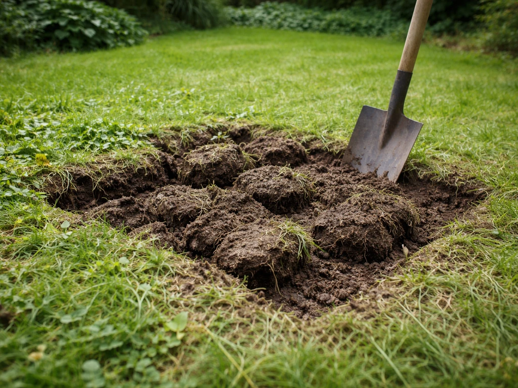 Carré de pelouse envahi, couche superficielle retournée à la bêche sur un petit espace de jardin.