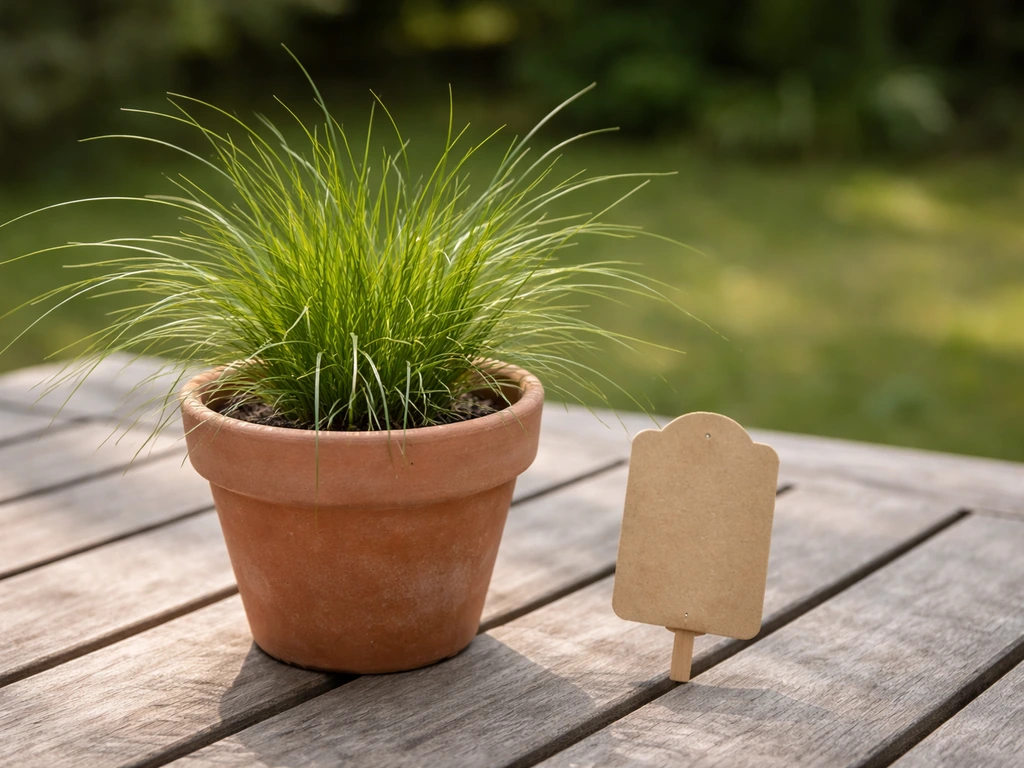 Feuilles fines de graminées en pot, éclairage naturel, ambiance jardin, contraste avec étiquette de plante absente de te