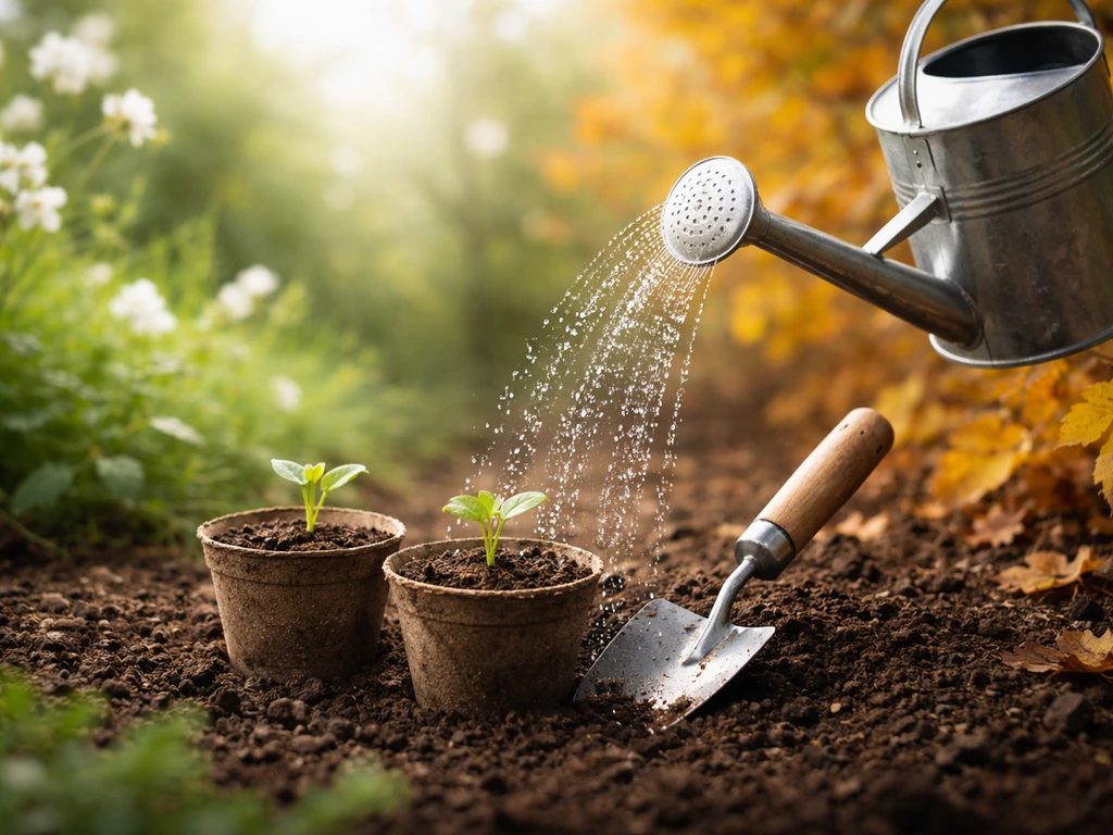 Petit coin de jardin au printemps et à l’automne : seaux, terreau et godets prêts à planter