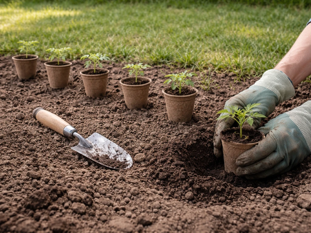 Godets de jeunes plants posés puis mise en terre avec un espacement d’environ 20 cm dans un jardin.