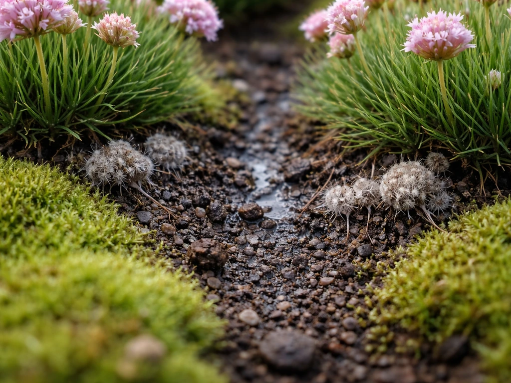 Mousse verte dense et sol humide entre des touffes d’armérie, avec petits champignons visibles au pied.