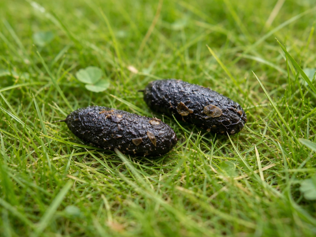 Gros plan de crottes cylindriques foncées de hérisson sur une pelouse, avec de petits fragments visibles