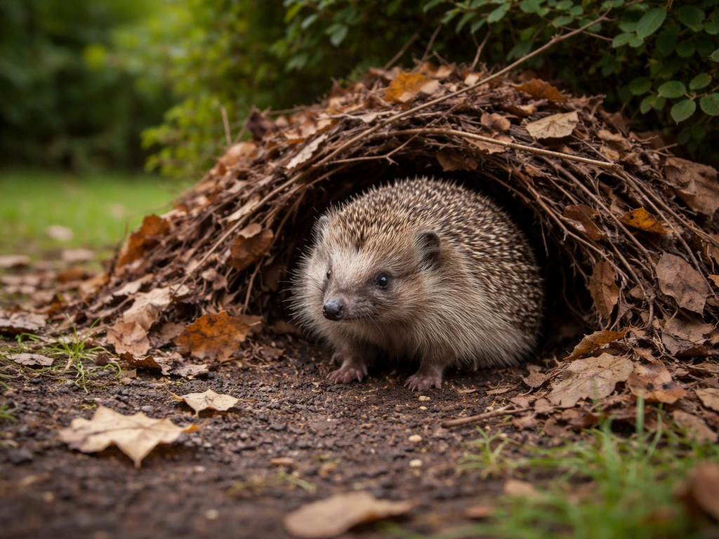 Hérisson européen sortant d’un refuge naturel sous des haies, dans un jardin calme et discret