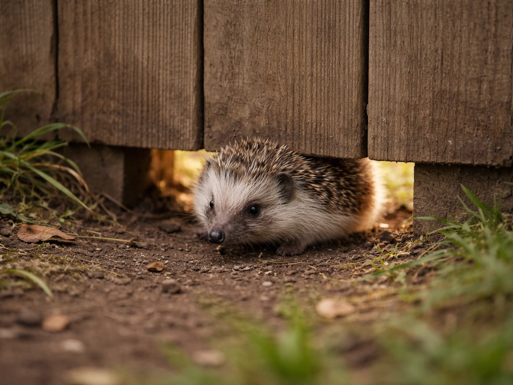 Petit hérisson qui passe par une ouverture non hermétique d’environ 13 cm dans une clôture de jardin.