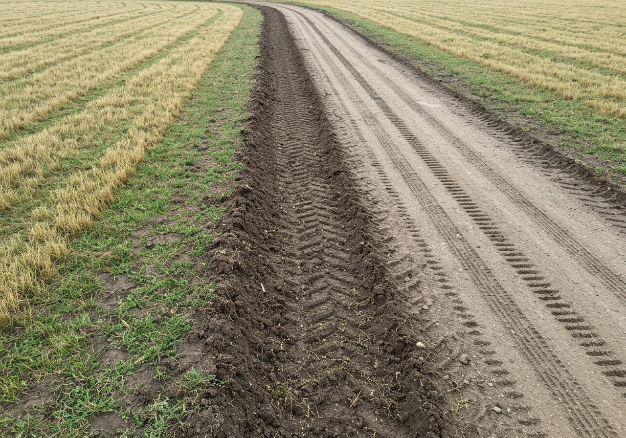 Gazon piétiné et compacté près d’une roue, herbe couchée et sol plus sombre au passage du véhicule.