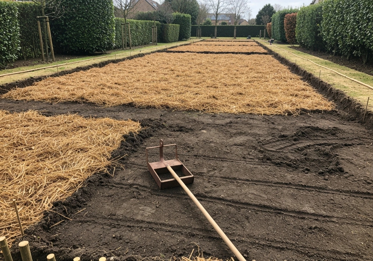 Chantier de jardin avec fourche-bêche et terre retournée sur une large zone avant regarnissage.