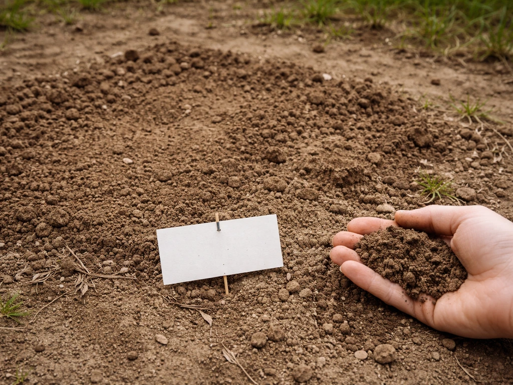 Terrain de jardin gratté avec échantillon de terre, textures nettes du sol et petite étiquette vierge.