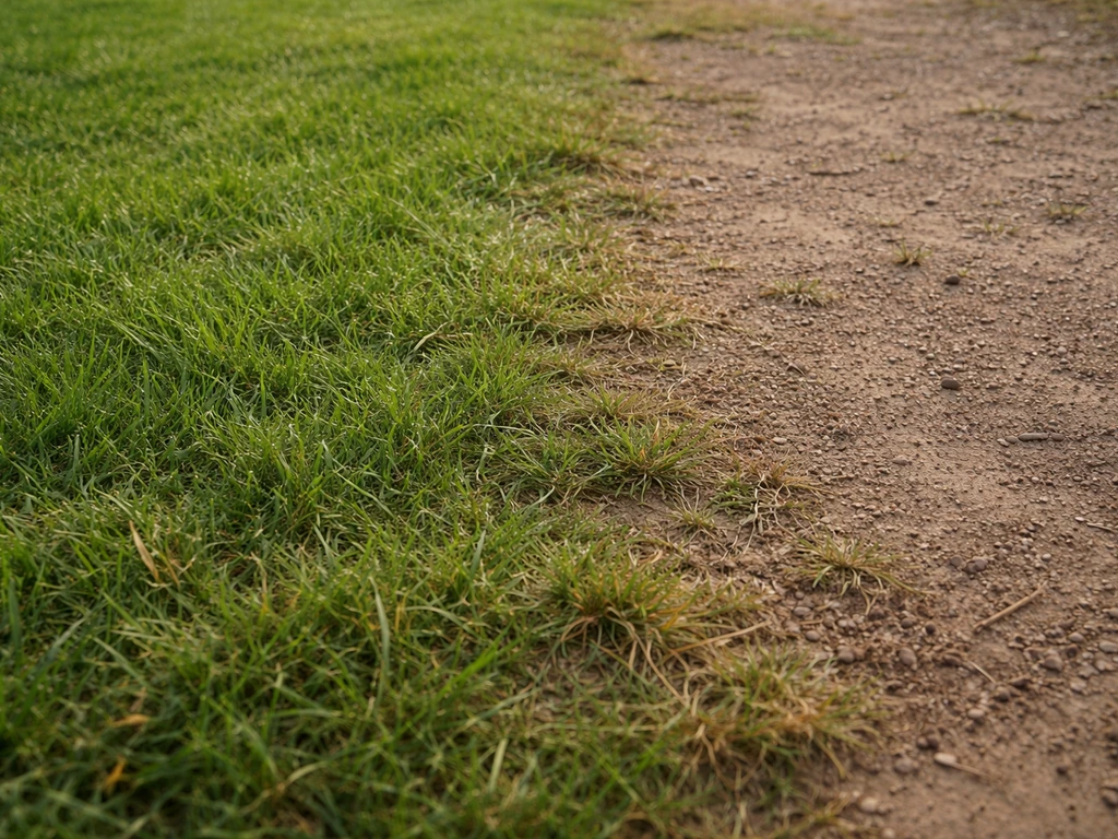 Gazon dense avec herbes dominantes, puis zone où la terre apparaît après un espace plus clair.