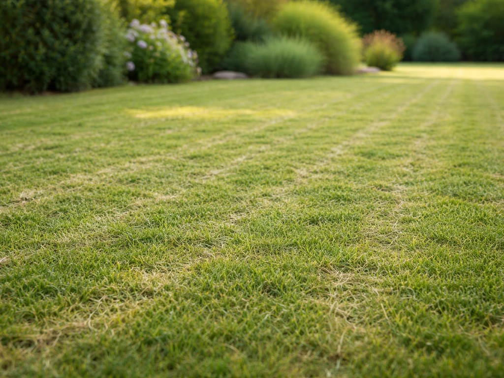 Pelouse tondue très court, scarification légère visible sur une bande, jardin minimal au soleil