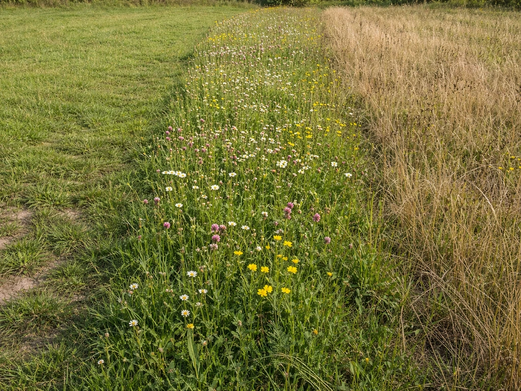 Prairie française en trois moments de saison, couleurs variées, allées d’herbe et sol visible.