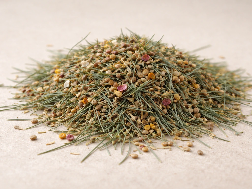 Gros plan sur des brins fins de fétuque et des graines de fleurs dans un petit mélange naturel, sans texte.