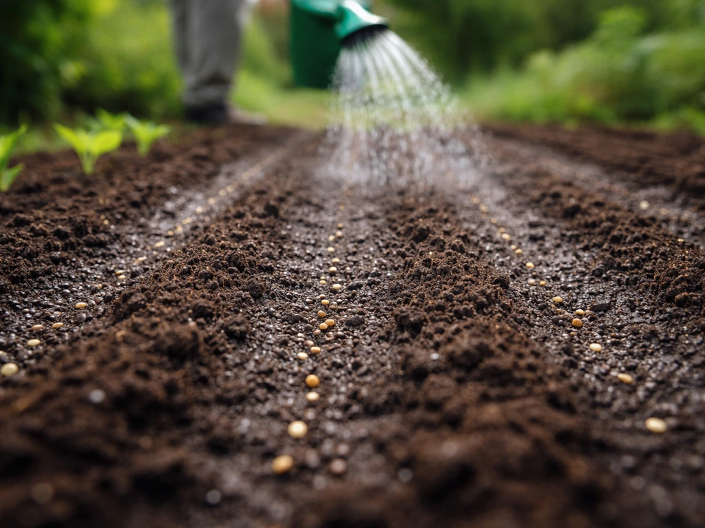 Arrosage en pluie fine après le semis : sol de jardin humidifié, surface sombre et humide, sans ruissellement.