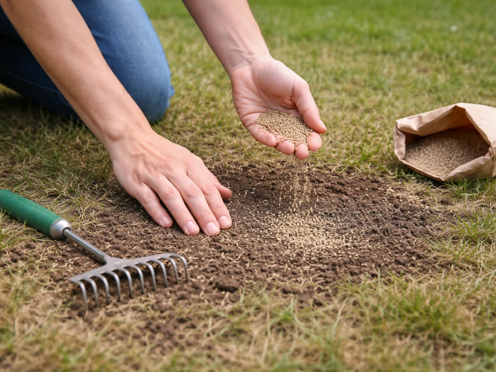 Jardinier jardinage au sol : griffage léger de la pelouse puis semence de sursemis dans une zone clairsemée.