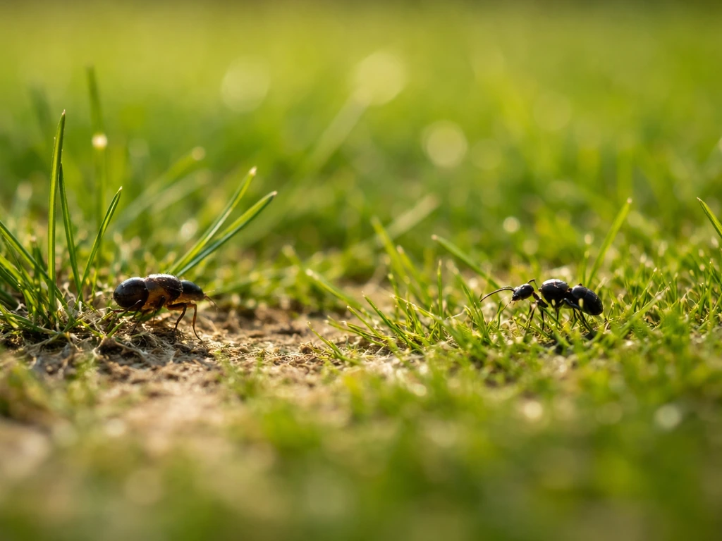 Pelouse avec une minuscule puce et un autre insecte de jardin distinct, au niveau du sol.