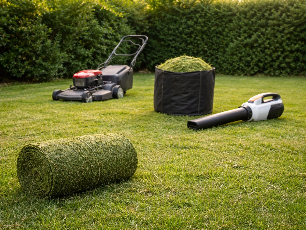 Pelouse avec tonte courte, herbe ramassée et aspirateur de jardin préparant un traitement rapide en 48 h.