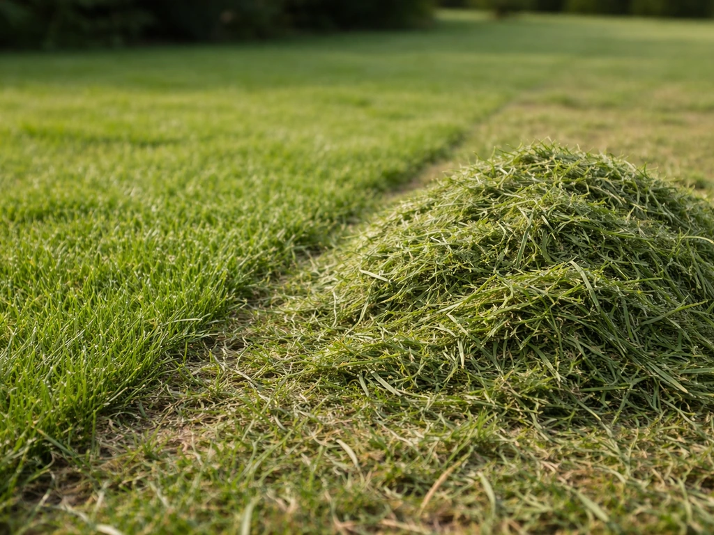 Gazon tondu très court avec tontes d’herbe fraîchement ramassées, textures détaillées au sol.