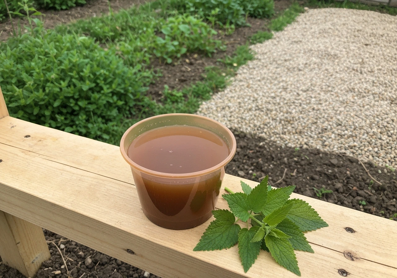 Arrosoir avec purin de consoude et feuilles, pelouse verte contrastant avec une zone plus fatiguée en arrière-plan flou.