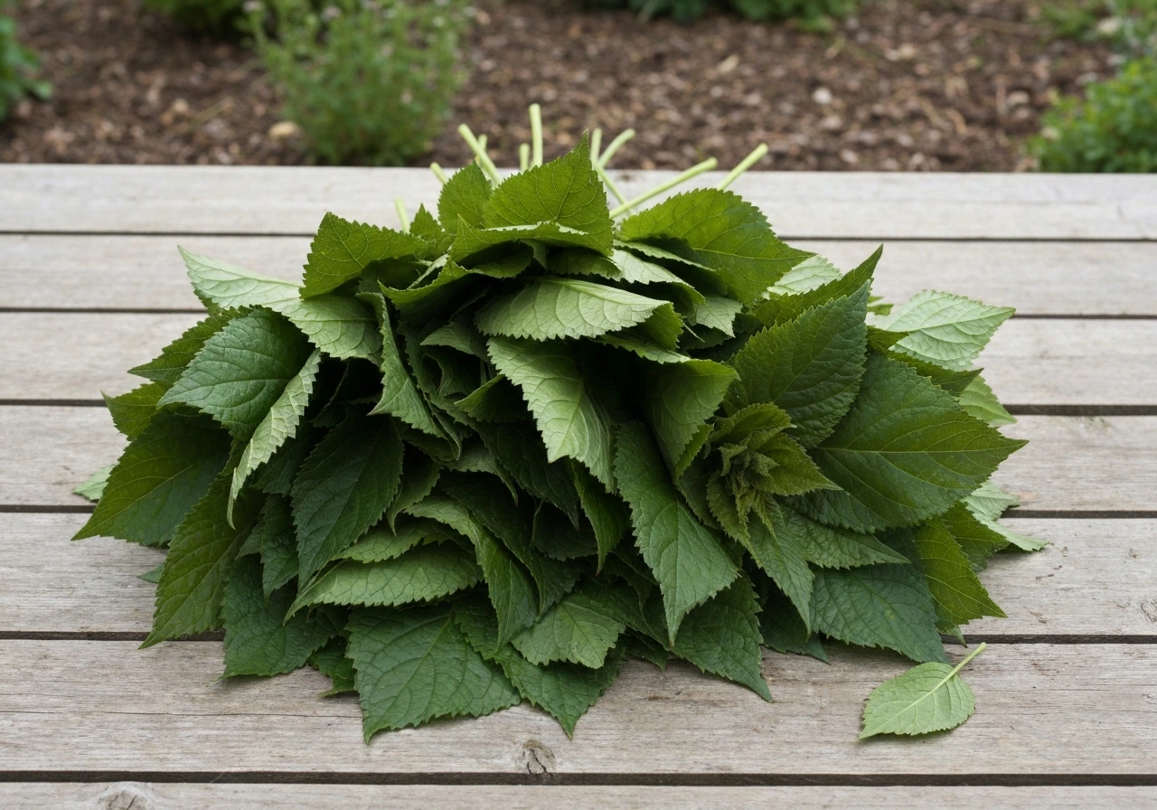 Feuilles de consoude fraîchement récoltées sur une table en bois de jardin, prêtes à être hachées