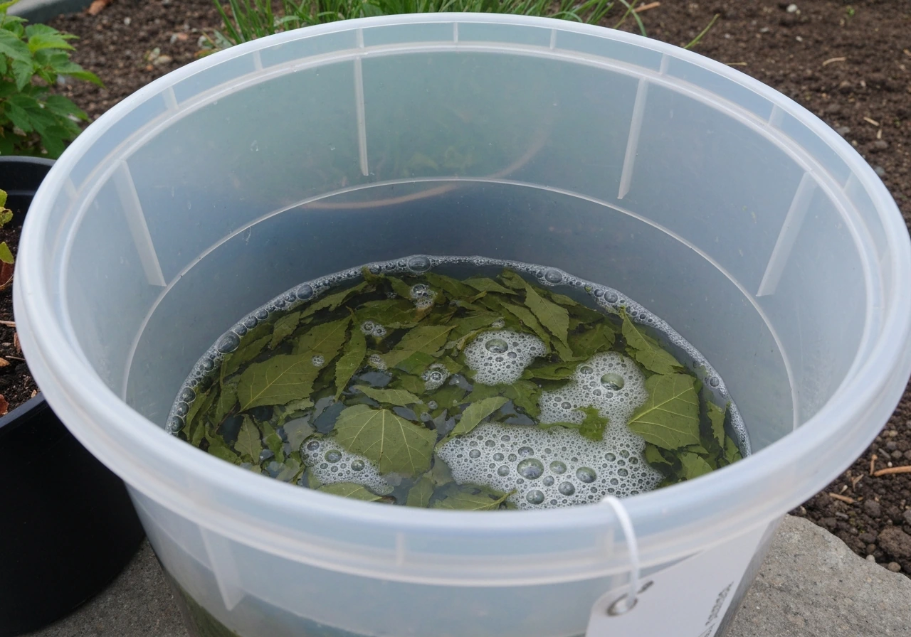 Récipient opaque en fermentation avec feuilles et eau de pluie, couvercle entrouvert et légère effervescence.