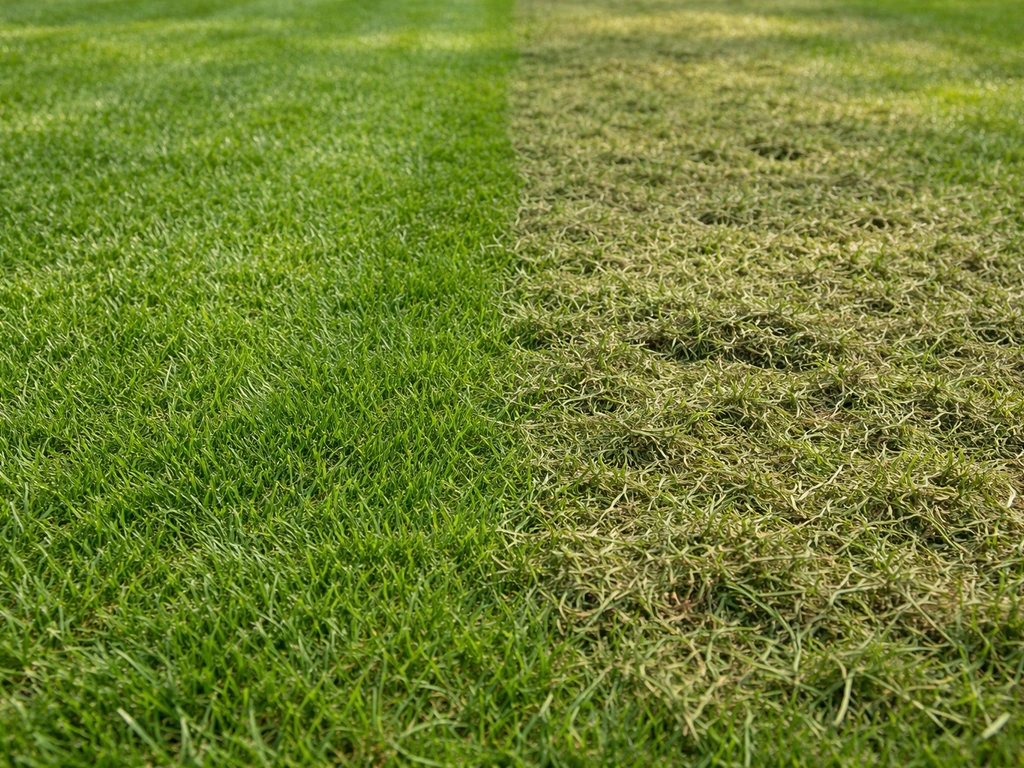 Gazon fraîchement tondu en mulching, résidus quasi invisibles à gauche et couche trop épaisse à droite.