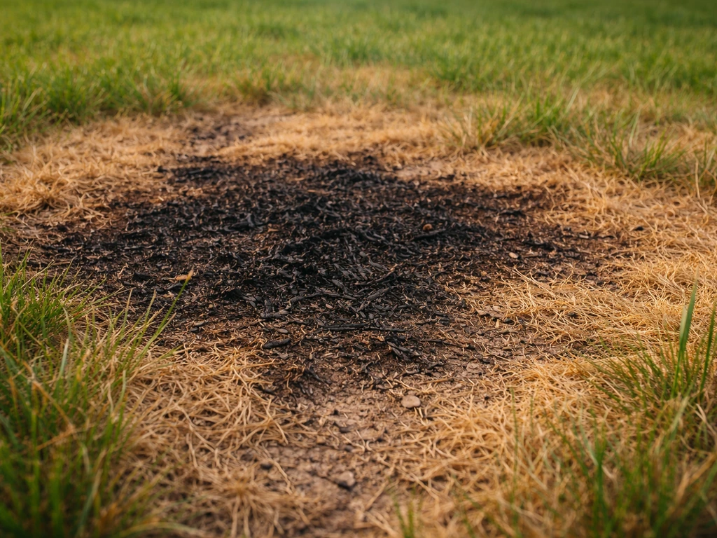Gros plan d’une pelouse brûlée avec taches jaunes et herbe cramée au même endroit.