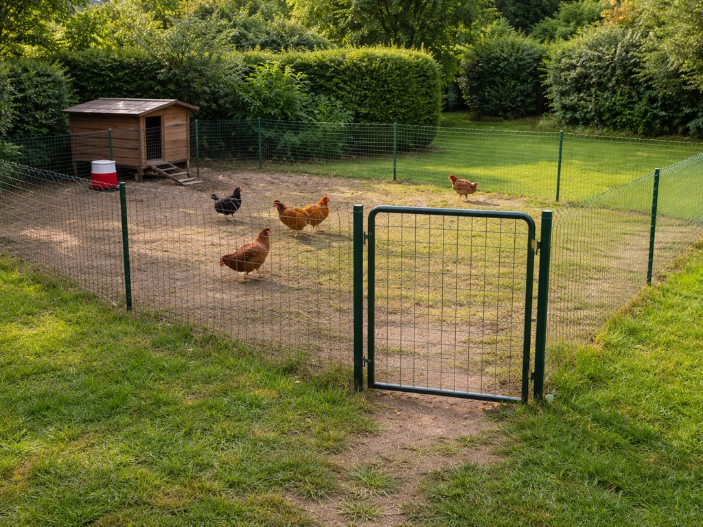 Grillage à poules délimitant un enclos et passage contrôlé vers la pelouse dans un jardin.