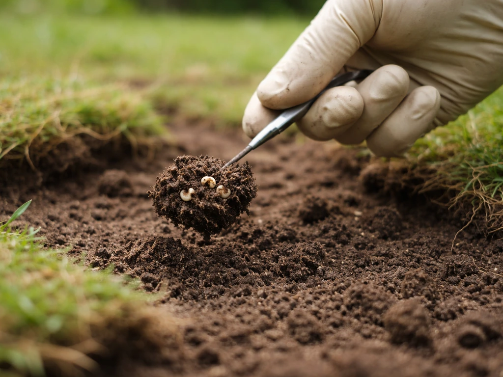 Main tenant une petite motte de terre révélant des larves, près de plaques arrachées au sol, prise réaliste.
