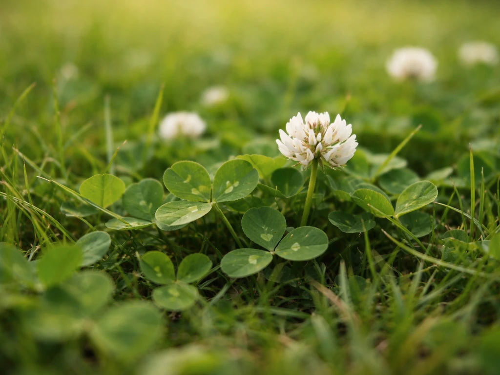 Plan rapproché d’un trèfle blanc nain dans une pelouse, feuilles trifoliées rampantes visibles