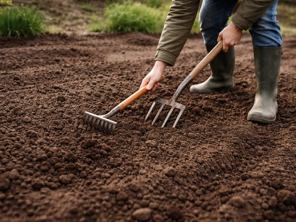 Terre ameublie et bêchée dans un potager, avec une fourche-bêche et un râteau avant semis.
