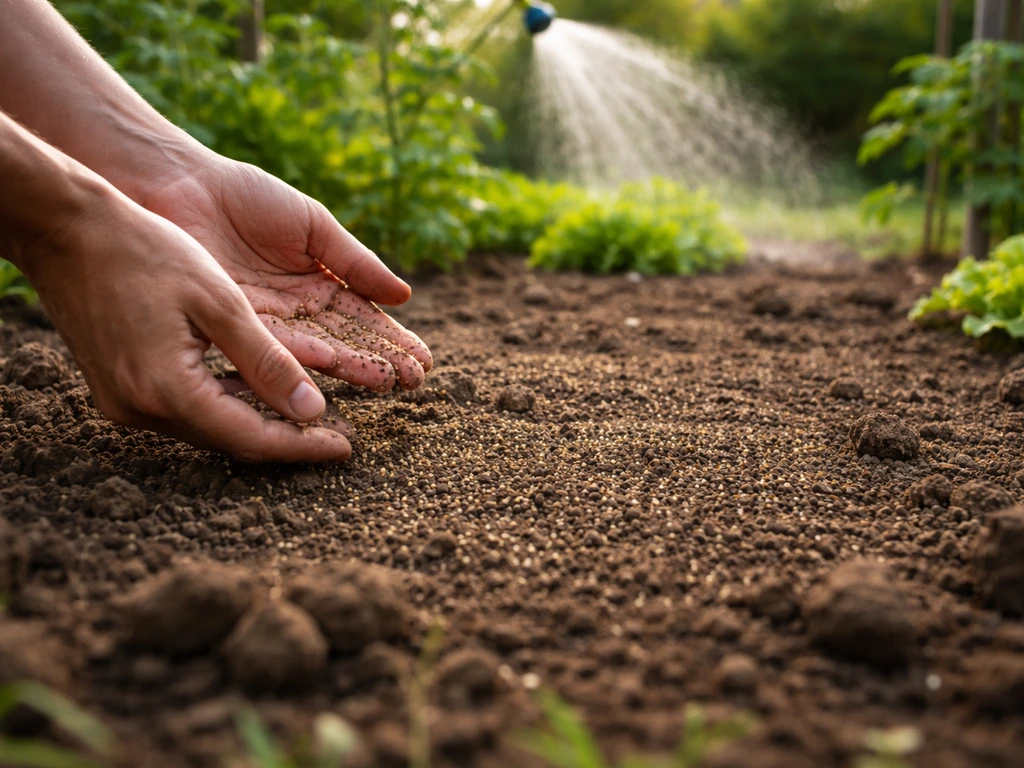 Graines de micro-trèfle semées au sol en deux passages, puis arrosage fin pour garder la terre humide.