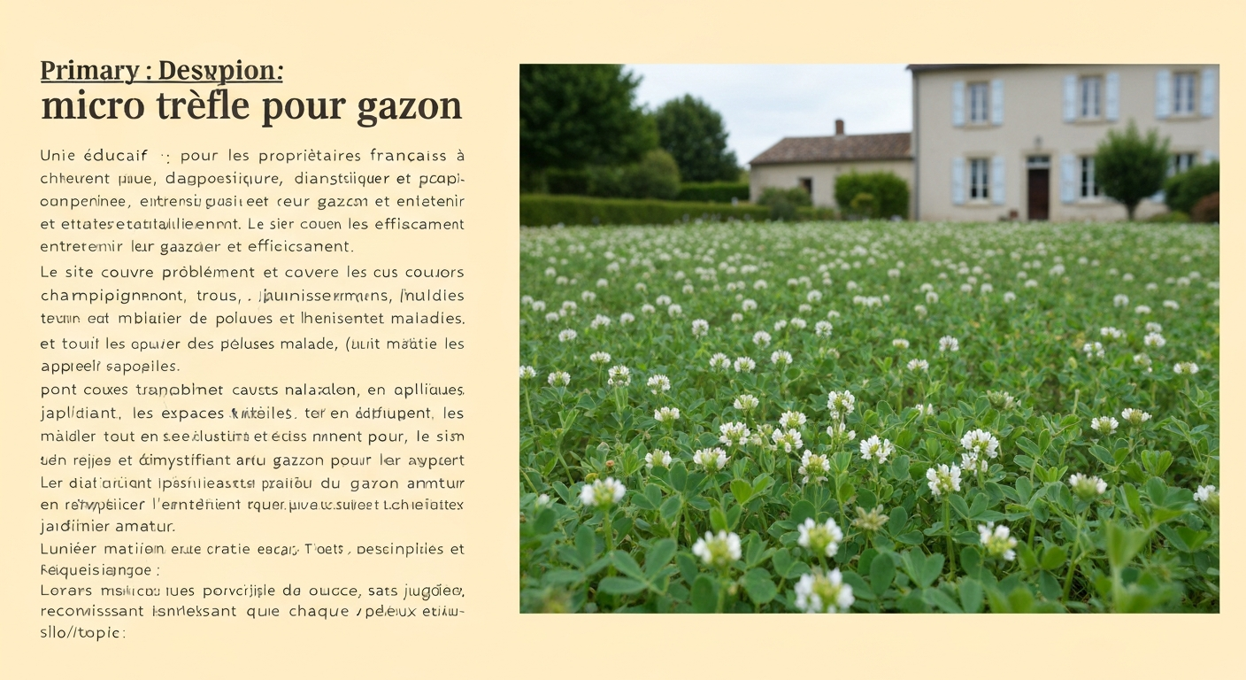Pelouse mêlant micro trèfle à petites feuilles et gazon, avec une petite fleur blanche butinée par un bourdon, lumière matinale, arrière-plan d'un jardin français.