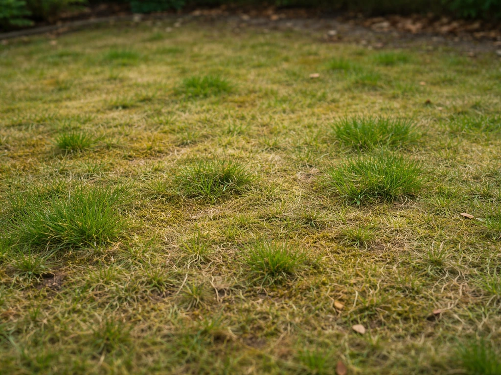 Pelouse de jardin clairsemée avec zones jaunies et traces de mousse, vue au sol au soleil naturel.