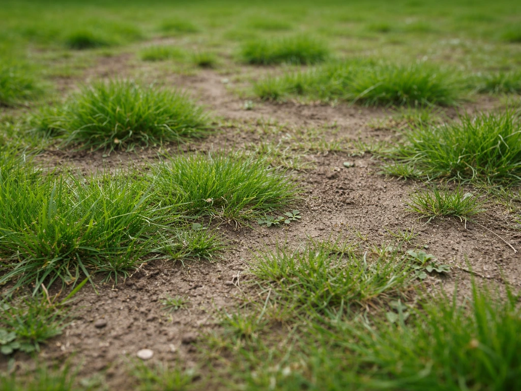 Gazon clairsemé, touffes vertes et zones dénudées visibles au sol, vue rapprochée et naturelle.