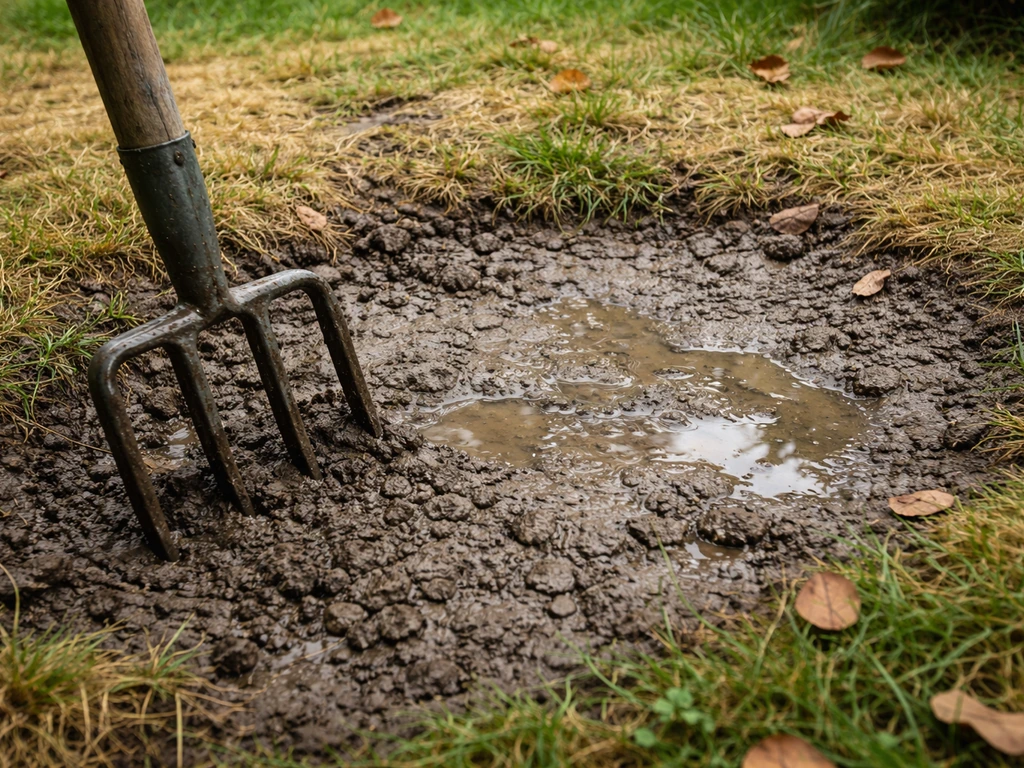 Fourche-bêche plantée dans une terre argileuse compactée, pelouse jaunie et eau qui perle mal.