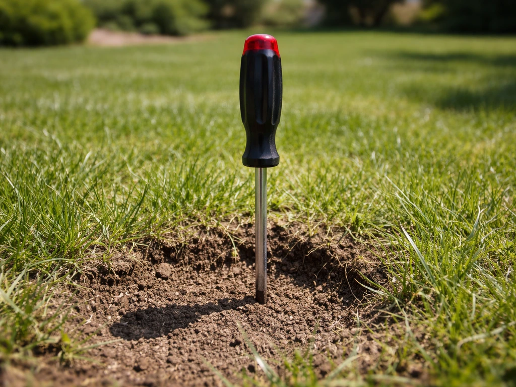 Tournevis enfoncé verticalement dans la pelouse pour illustrer le test de compaction du sol.