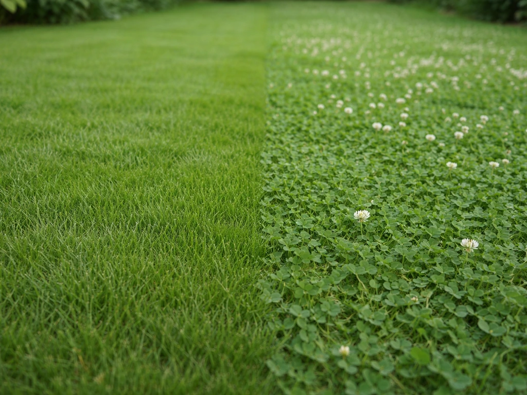 Comparaison dans une pelouse : gazon uniforme à gauche, zone avec trèfle blanc visible à droite.